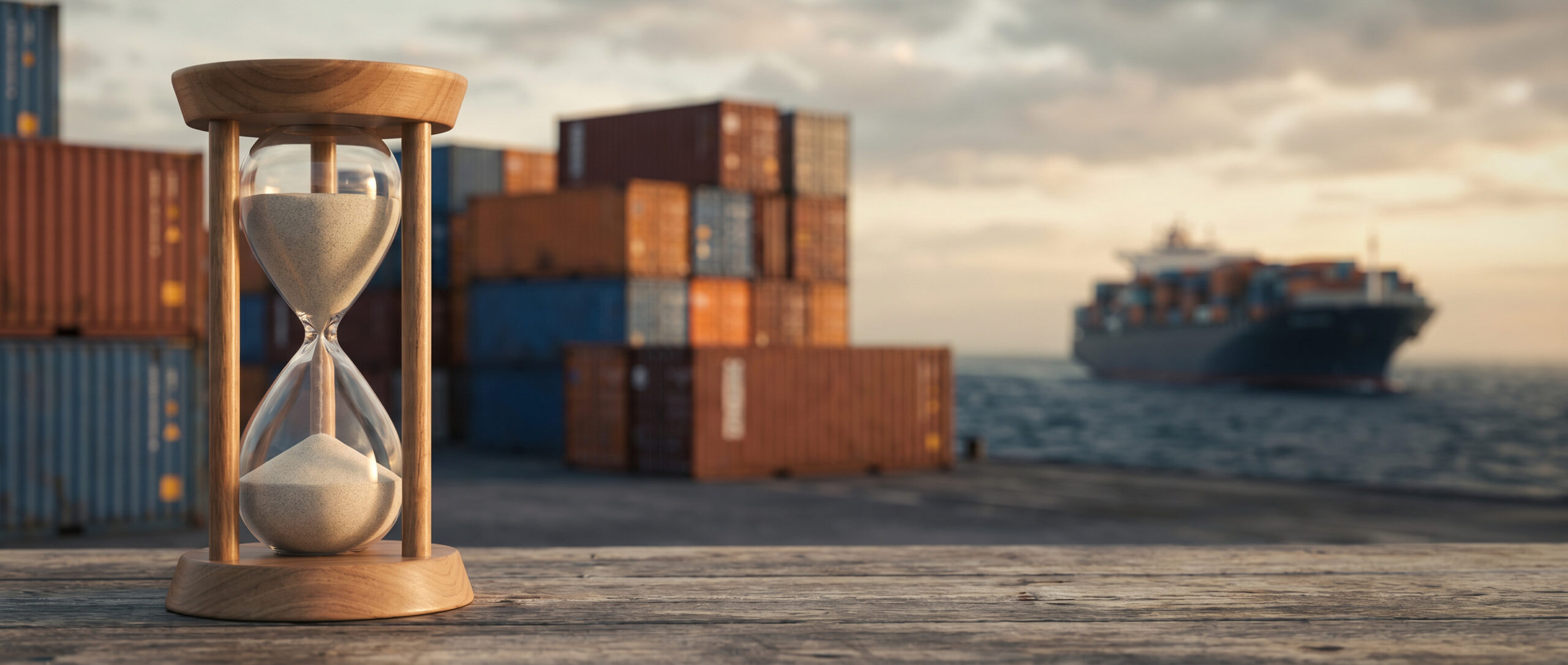 Ampulheta diante de contêineres e navio cargueiro representa os prazos, a transferência de saldo e o controle de obrigações no ato concessório de drawback.