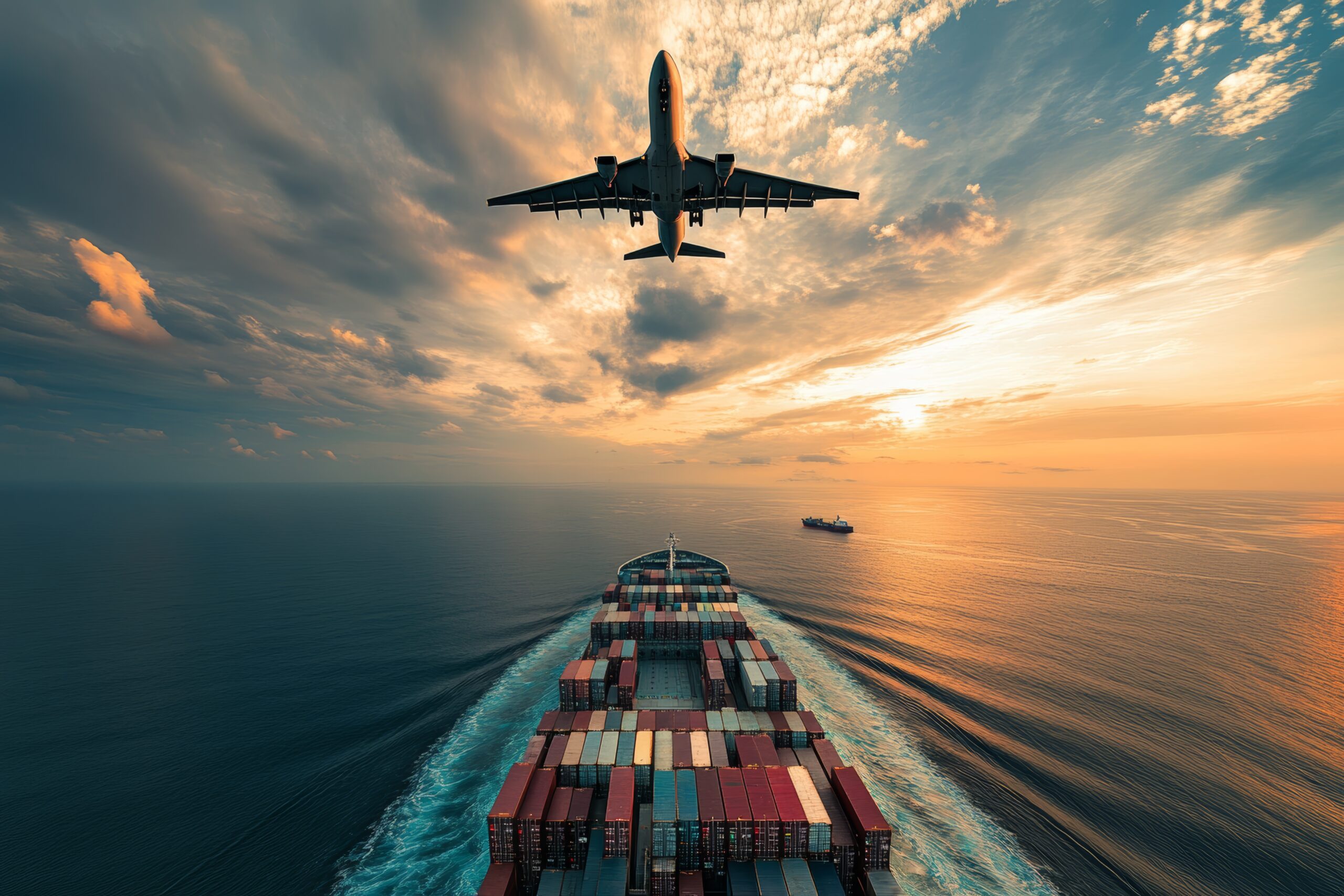 Navio cargueiro com contêineres e avião sobre o oceano representam o drawback integrado, o comércio exterior, a logística internacional e os impactos do ICMS nas operações.