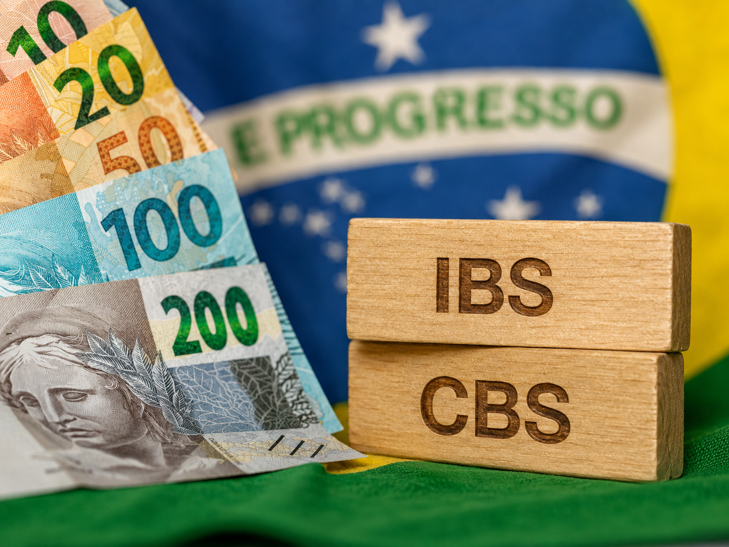 Cédulas de real sobre a bandeira do Brasil ao lado de blocos com as siglas IBS e CBS, representando os impactos da Reforma Tributária e da transição desses tributos no drawback e nas importações.