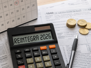 Calculadora com a inscrição “Reintegra 2026”, documentos fiscais, calendário e moedas representam a alíquota, os beneficiários e as mudanças previstas para o regime Reintegra em 2026.