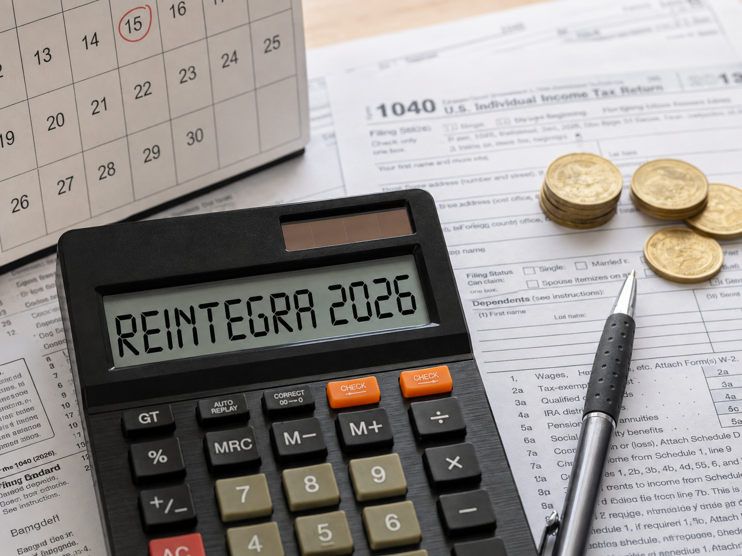 Calculadora com a inscrição “Reintegra 2026”, documentos fiscais, calendário e moedas representam a alíquota, os beneficiários e as mudanças previstas para o regime Reintegra em 2026.