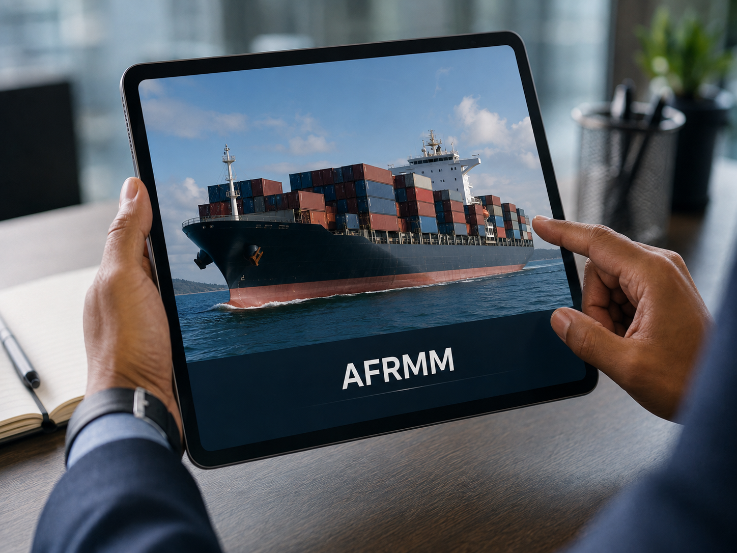 Tablet com imagem de navio cargueiro e a sigla AFRMM representa o cálculo, as alíquotas e a consulta às regras atualizadas do Adicional ao Frete para Renovação da Marinha Mercante.