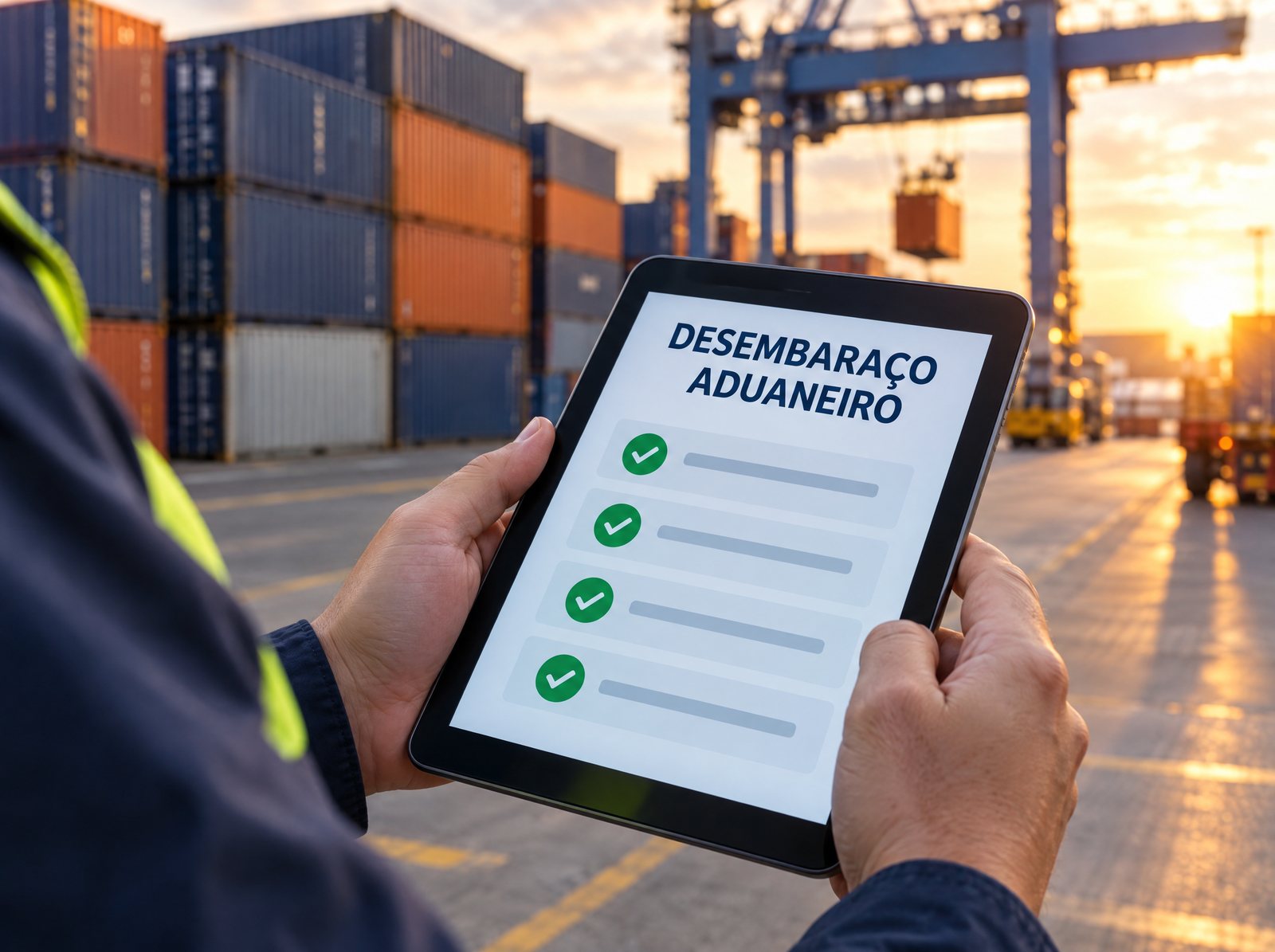 Mãos seguram um tablet com a lista “Desembaraço aduaneiro” e quatro etapas concluídas em um terminal de contêineres, representando as etapas, os canais e os prazos de liberação da importação.