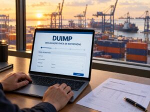 Notebook em um escritório com vista para um terminal de contêineres mostra a tela da Declaração Única de Importação (DUIMP), ao lado de uma fatura comercial.