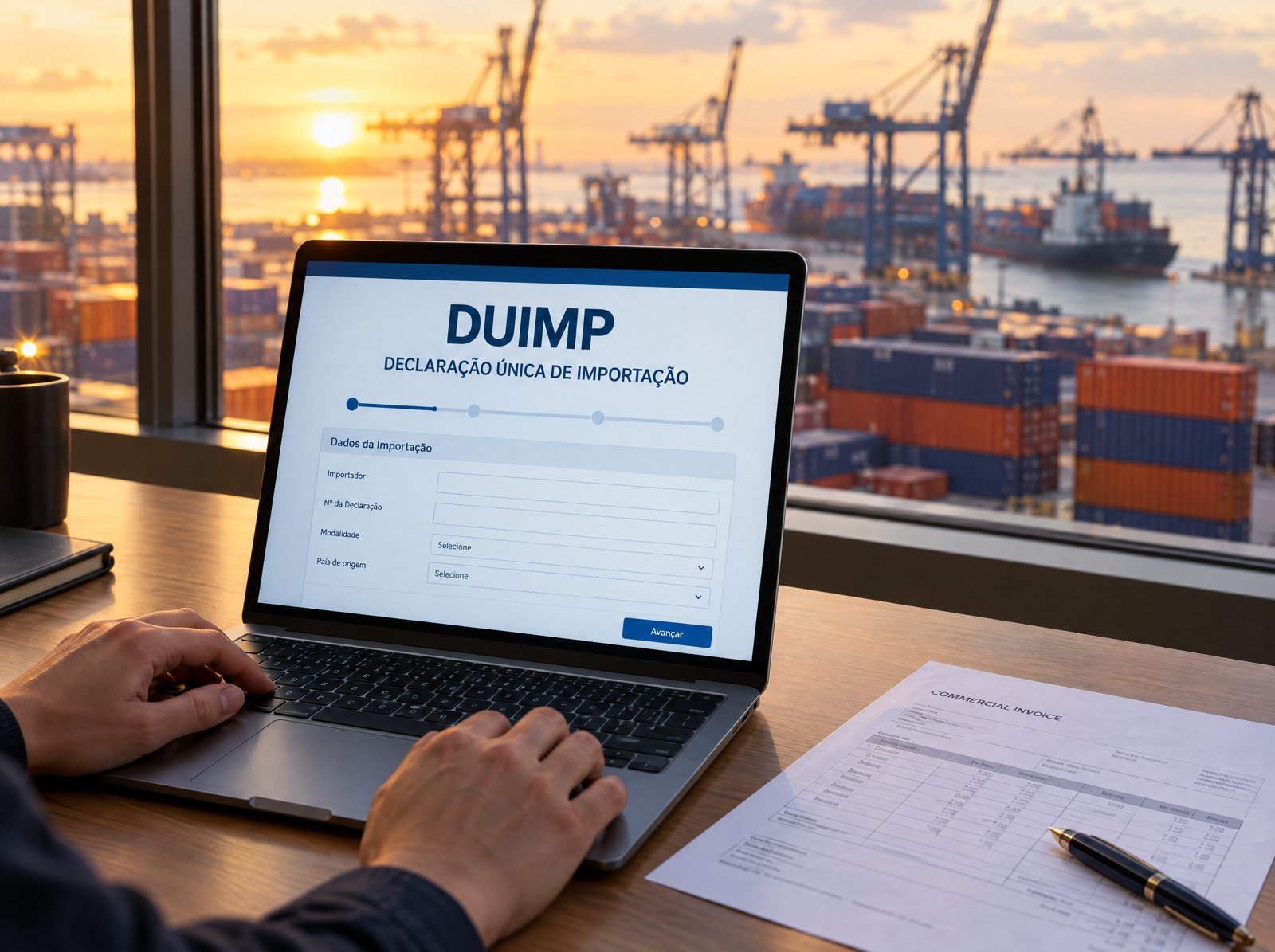 Notebook em um escritório com vista para um terminal de contêineres mostra a tela da Declaração Única de Importação (DUIMP), ao lado de uma fatura comercial.
